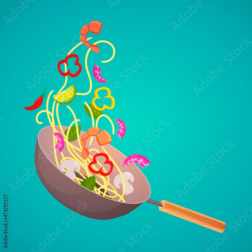 Wok. Noodles with seafood and vegetables in a wok pan. Wok cooking. Asian food.
