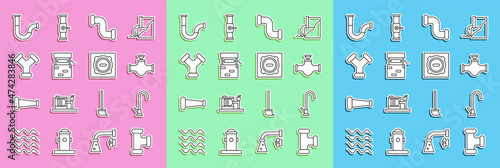 Set line Industry metallic pipe, Water tap, and valve, Well, and Manhole sewer cover icon. Vector