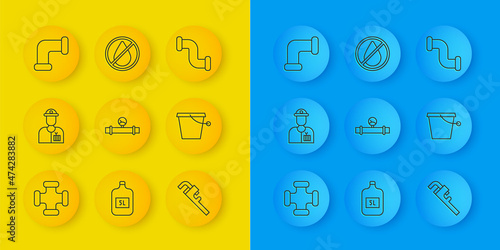 Set line Industry metallic pipe, Plumber, and manometer, Pipe adjustable wrench, Bucket, and Water drop forbidden icon. Vector