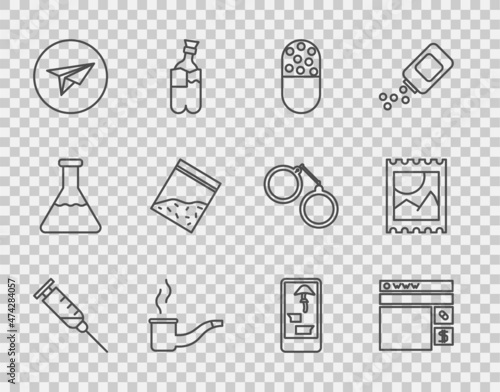 Set line Syringe, Buying drugs online, Medicine pill or tablet, Smoking pipe, Messenger, Plastic bag of, phone and LSD acid mark icon. Vector