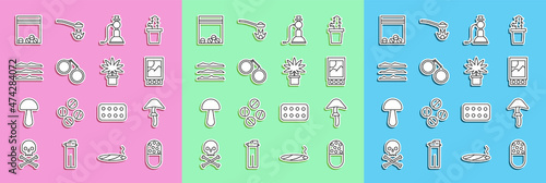 Set line Medicine pill or tablet, Psilocybin mushroom, Open matchbox and matches, Hookah, Handcuffs, Cocaine heroin drug, Plastic bag of and Marijuana cannabis plant pot icon. Vector