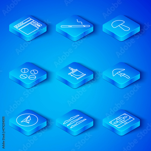 Set line Messenger, Electronic cigarette, Cocaine or heroin drug, Psilocybin mushroom, Medicine pill tablet, Buying drugs online and Stacks paper money cash icon. Vector