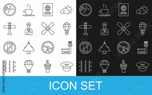 Set line Pilot hat, Airport control tower, Hot air balloon, Passport, Plane, Radar with targets monitor and propeller icon. Vector