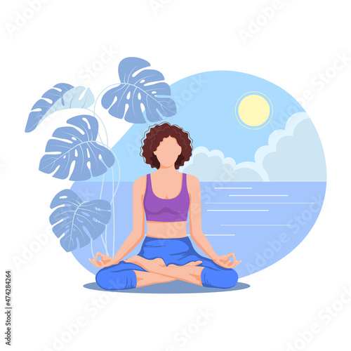Woman meditating in lotus pose against the background of nature and the sea. Faceless concept for yoga  meditation  healthy lifestyle. Flat style vector illustration isolated on white background.