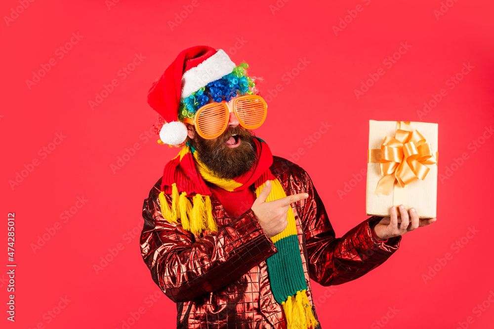 Promoting product. Bearded man celebrate christmas. Christmas entertainment ideas. Wishing you peace and prosperity. Christmas gift. Guy colorful hairstyle. Funny man with beard. Cool Specials