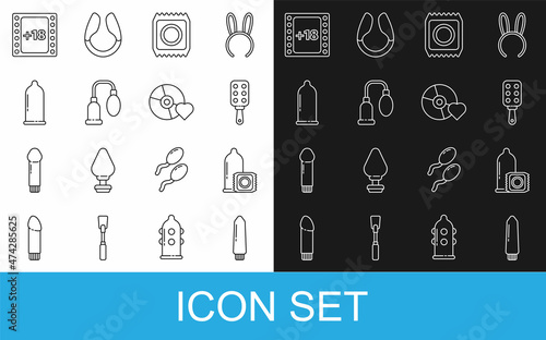 Set line Dildo vibrator, Condom, Spanking paddle, package safe sex, Penis pump, Play Video with 18 plus content and Adult label compact disc icon. Vector