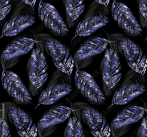 Tropical palm leaves seamless pattern,very peri color, marbling effect, black background, vector illustration, fashion, interior, wrapping, EPS10 Illustration