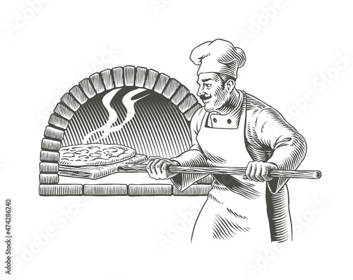 Italian chef cook, pizza and oven. Pizza maker or pizzaiolo engraving style vector illustration.
