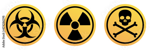 Hazard symbols. Radioactive, toxic substance, biohazard or infection warning signs. Vector isolated on white