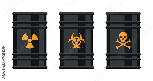 Barrels of Toxic, Biohazard and Radioactive waste. Vector set isolated on white