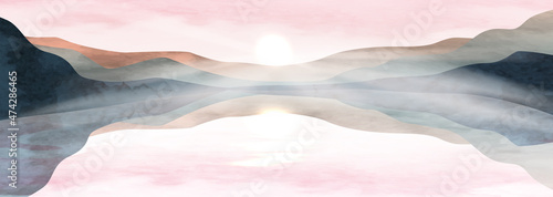 Watercolor art background with mountains and hills on the lake with the sun at sunset. Landscape banner in warm colors for decoration, design, print