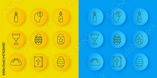 Set line Easter cake, Christian chalice, egg, Burning candle, and Human head with christian cross icon. Vector
