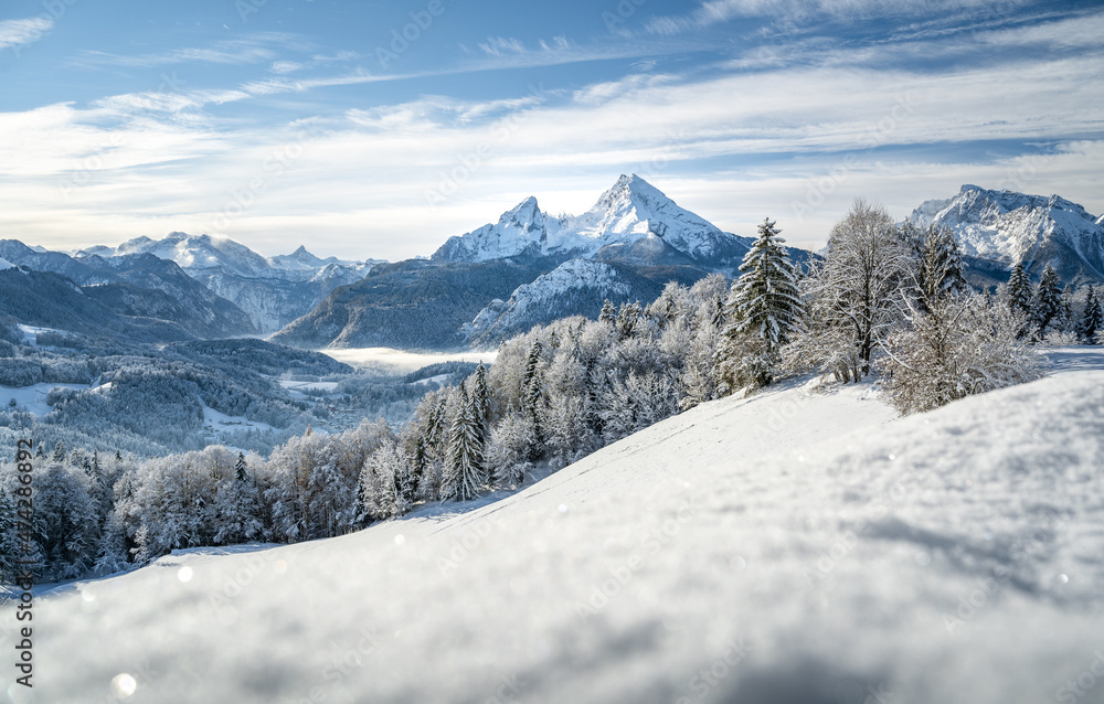 Idylic winter landscape, Watzmann, Berchtesgaden, Bavaria, Germany