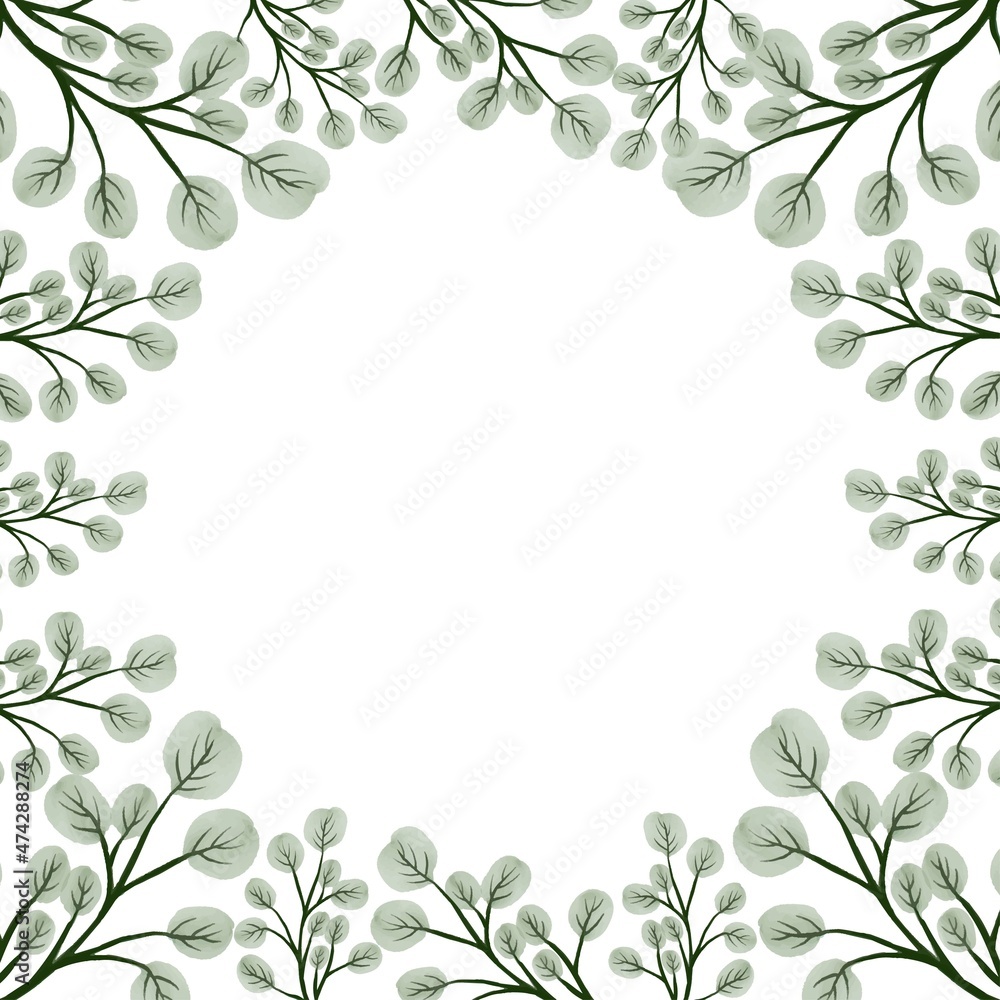 white background with pale green leaves border