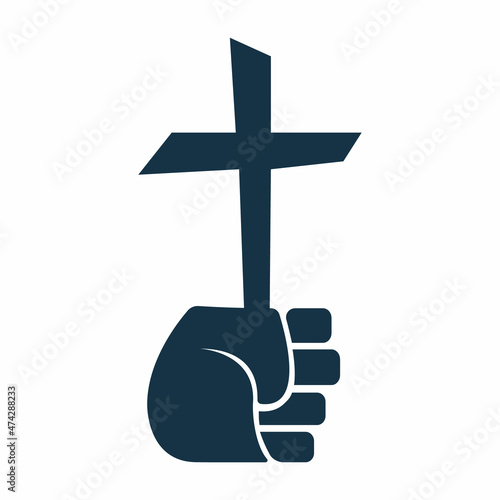 Hand hold Christ cross logo. Holy cross hold in hand concept design.