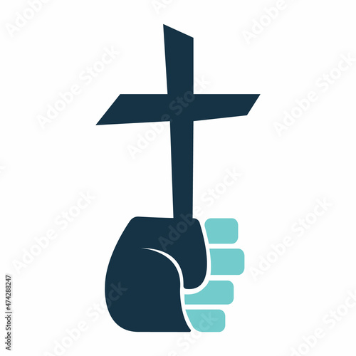 Hand hold Christ cross logo. Holy cross hold in hand concept design.
