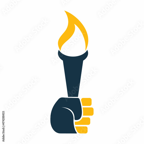 Hand holding Flaming torch concept design. Burning fire or flame logo template.