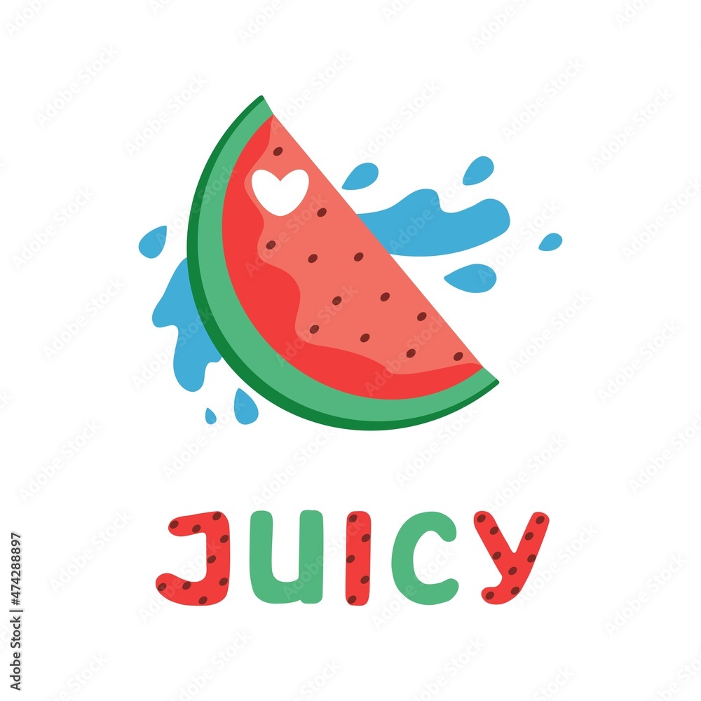 Watermelon. Word Juicy lettering. Bright vector cards for kids. Vector illustration. Hand-drawn design vector illustration for posters, wall art, tote bag, mobile case, t-shirt print Watermelon. Word Juicy lettering. Bright vector cards for kids. Vector illustration. Hand-drawn design vector illustration for posters, wall art, tote bag, mobile case, t-shirt print