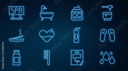 Set line Water drop, Slipper, Cream or lotion cosmetic tube, Heart heal, Scented spa stick, Spa salon signboard, Spray can for hairspray and Bathtub icon. Vector