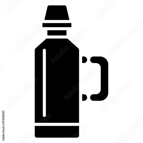 Thermos with a narrow neck and a folding side handle. Thermal vessels for hot drinks and drinking outside. Vector icon, glyph, isolated