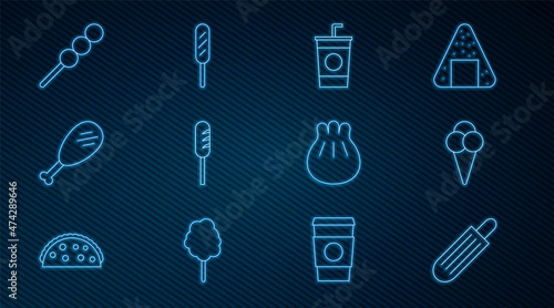 Set line French hot dog, Ice cream in waffle cone, Paper glass with straw, Fried sausage, Chicken leg, Meatballs wooden stick, Khinkali cutting board and Corn icon. Vector