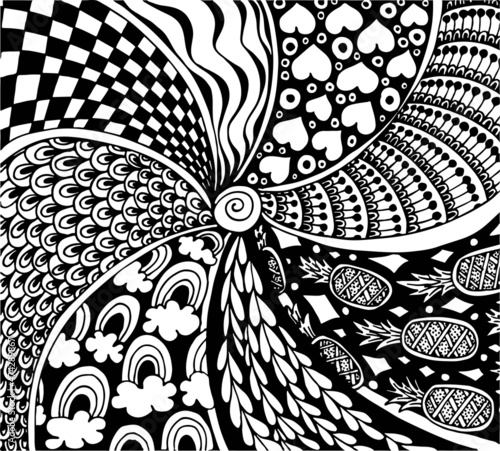 Abstract line art background. Antistress zentangle pictures with various patterns. Hand drawn vector zenart doodle illustration. Graphic black and white sketch. photo