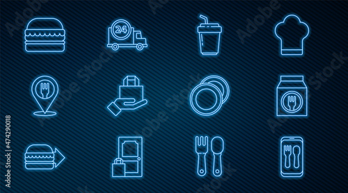 Set line Online ordering and delivery, Coffee cup to go, Cafe restaurant location, Burger, Plate and Fast by car icon. Vector