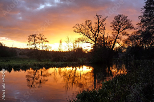 Winter sunset over the River Wey in Godalming, Surrey, UK