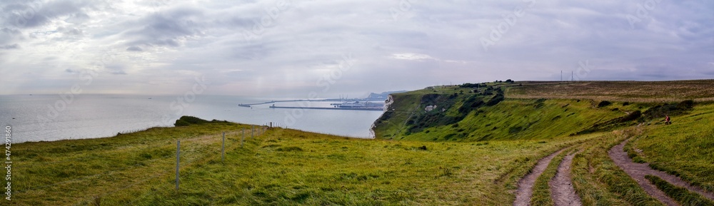 White Cliffs of Dover. Close up detailed landscape view of the cliffs from the walking path by the sea side. September 14, 2021 in England, United Kingdom, UK.