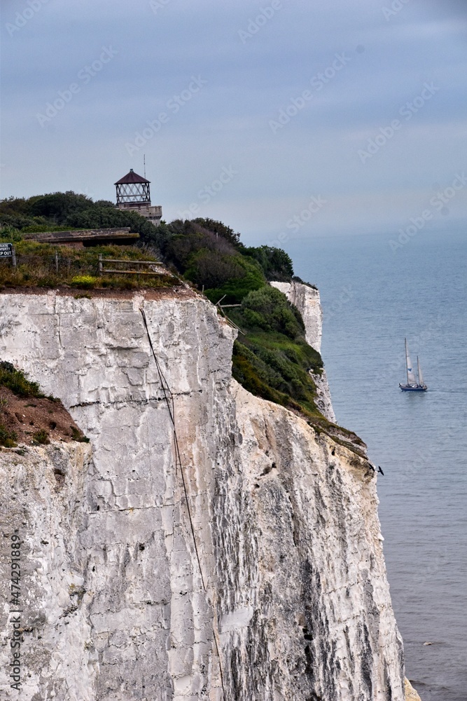 White Cliffs of Dover. Close up detailed landscape view of the cliffs from the walking path by the sea side. September 14, 2021 in England, United Kingdom, UK.
