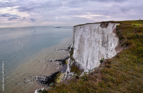 White Cliffs of Dover. Close up detailed landscape view of the cliffs from the walking path by the sea side. September 14, 2021 in England, United Kingdom, UK.