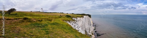 White Cliffs of Dover. Close up detailed landscape view of the cliffs from the walking path by the sea side. September 14, 2021 in England, United Kingdom, UK.