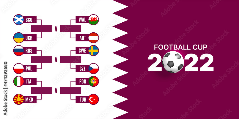 Football cup 2022. Match schedule template. Football results table, flags  of European countries on Qatar flag background. Vector illustration Stock  Vector | Adobe Stock