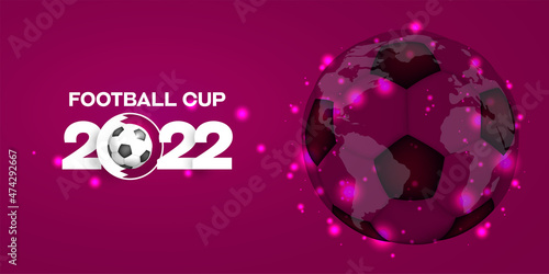 Realistic 3d soccer ball and round sticker Qatar flag colors. Sport poster, banner, flyer modern design. Concept font football 2022  background. Vector illustration