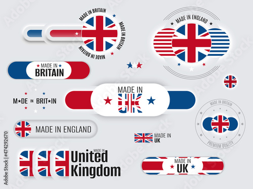 Neomorphic 3d mock up England flag buttons set. Made in UK neomorphism trendy concept design element, logo, icon, sign, symbol. Britain premium quality. Vector illustration photo