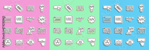 Set line Keyboard, Front end development, UI or UX design, and Site map icon. Vector