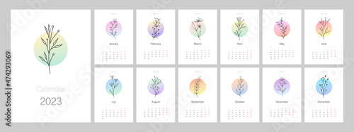 Calendar template for 2023. Vertical design with botanical line art. Natural colors. Editable illustration page template A4, A3, set of 12 months with cover. Vector mesh. Week starts on Monday. © Anastasia