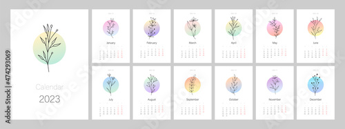 Calendar template for 2023. Vertical design with botanical line art. Natural colors. Editable illustration page template A4, A3, set of 12 months with cover. Vector mesh. Week starts on Monday.