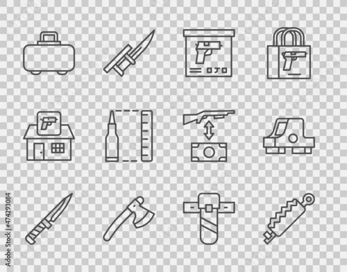 Set line Military knife, Trap hunting, ammunition box, Wooden axe, Weapon case, Bullet, Knife holster and Collimator sight icon. Vector