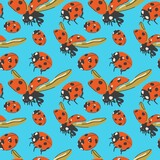 Ladybugs vector seamless pattern for decoration, packaging, textiles. Flat design, hand-drawn cartoon.