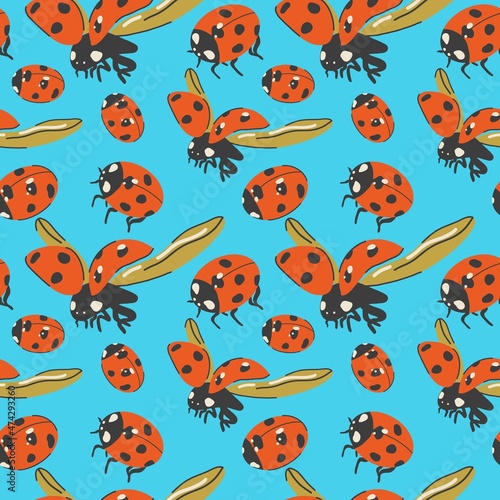 Ladybugs vector seamless pattern for decoration, packaging, textiles. Flat design, hand-drawn cartoon. © Екатерина Перанова