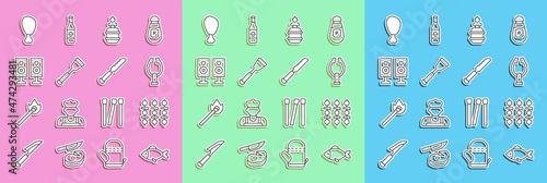 Set line Fish, Grilled shish kebab, Meat tongs, Camping gas stove, Spatula, Stereo speaker, Chicken leg and Bread knife icon. Vector