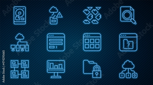 Set line Cloud technology data transfer, File missing, Data stream, Browser window, Computer network, Hard disk drive HDD, files and icon. Vector