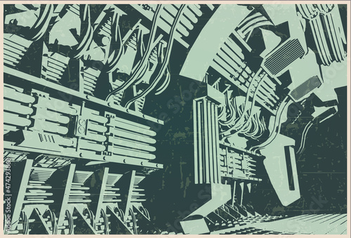Spaceship interior in retro futurism style