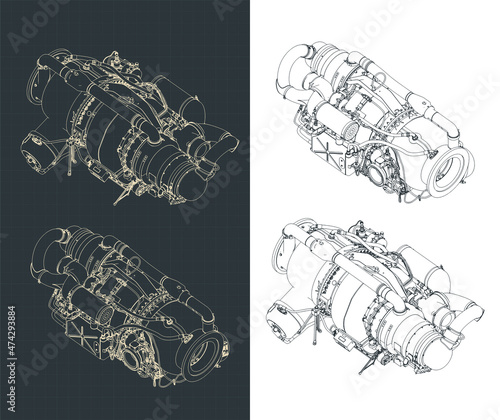 Aircraft gas turbine engine APU isometric blueprints