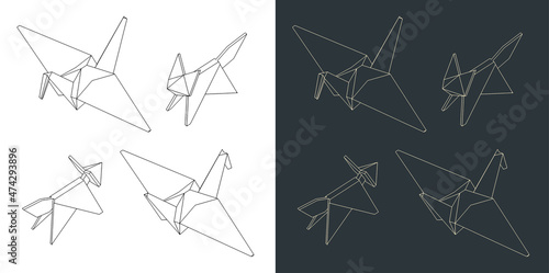 Fox and crane origami illustration