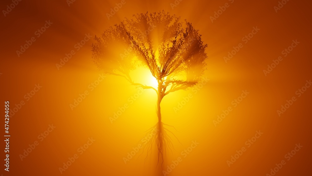 Silhouette of growing tree in a shape of a human brain. Sun rays shining through the tree. Eco Concept. Silhouette of growing tree in a shape of a human brain. Sun rays shining through the tree. Eco Concept.