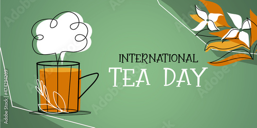 International tea day for vector concept design. Green background. For ad, social media, brochure, email, flyer, leaflet, placard, poster, web sticker. Mid-Century Modern style illustration