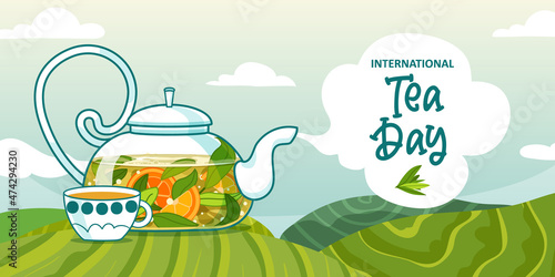 Fototapeta Naklejka Na Ścianę i Meble -  International Tea Day vector banner with teapot, and teacup. Vector Illustration. Tea tree hills green backgrounds. For social media, typography poster, flyer, sticker, t-shirt, etc.
