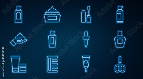 Set line Scissors, Perfume, Mascara brush, Bottle of shampoo, Cream lotion cosmetic tube, Spray can for hairspray, Pipette and icon. Vector